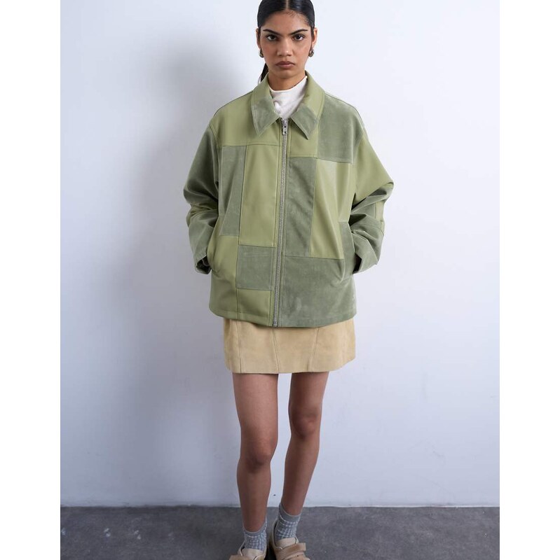 Topshop faux suede patchwork zip through jacket in green