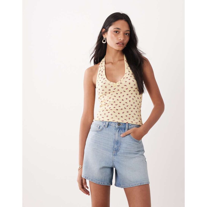 Miss Selfridge halterneck top with picot trim detail in yellow ditsy 113650141