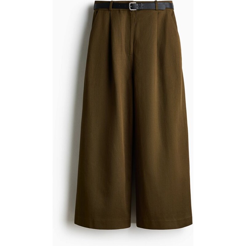 H&M - Kulotky z lněné směsis páskem - Tmavě Zelená Khaki