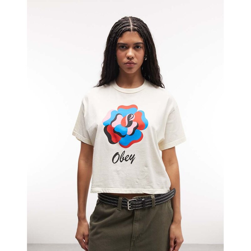 Obey paper rose graphic short sleeve t-shirt in beige-Neutral