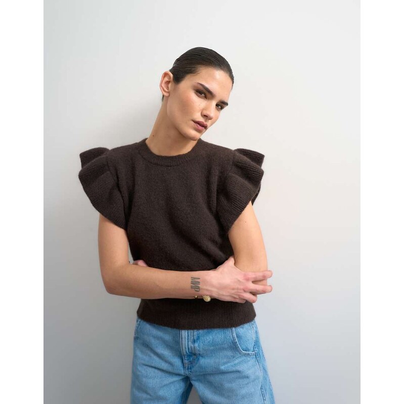 Topshop knitted ruffle short sleeve top in brown 113650309