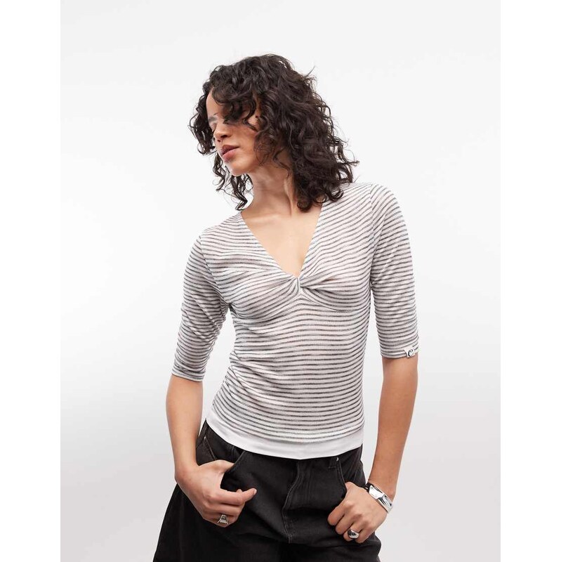 COLLUSION plunge v-neck 3/4 sleeve top in grey stripe