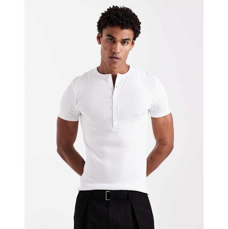 ASOS DESIGN muscle fit t-shirt with henley neck in white rib