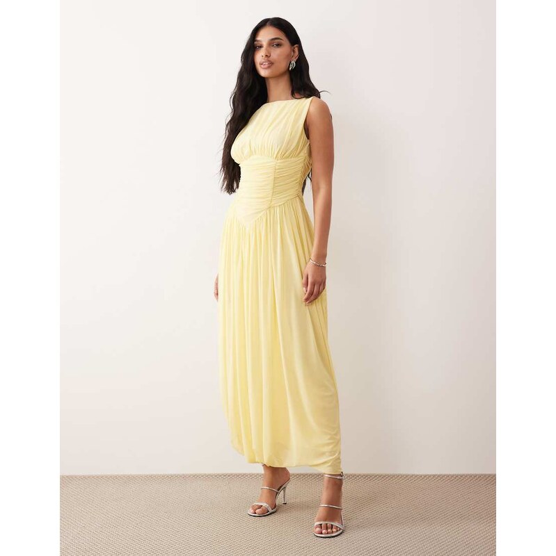 ASOS DESIGN mesh slash neck asymmetric bubble hem dress in lemon