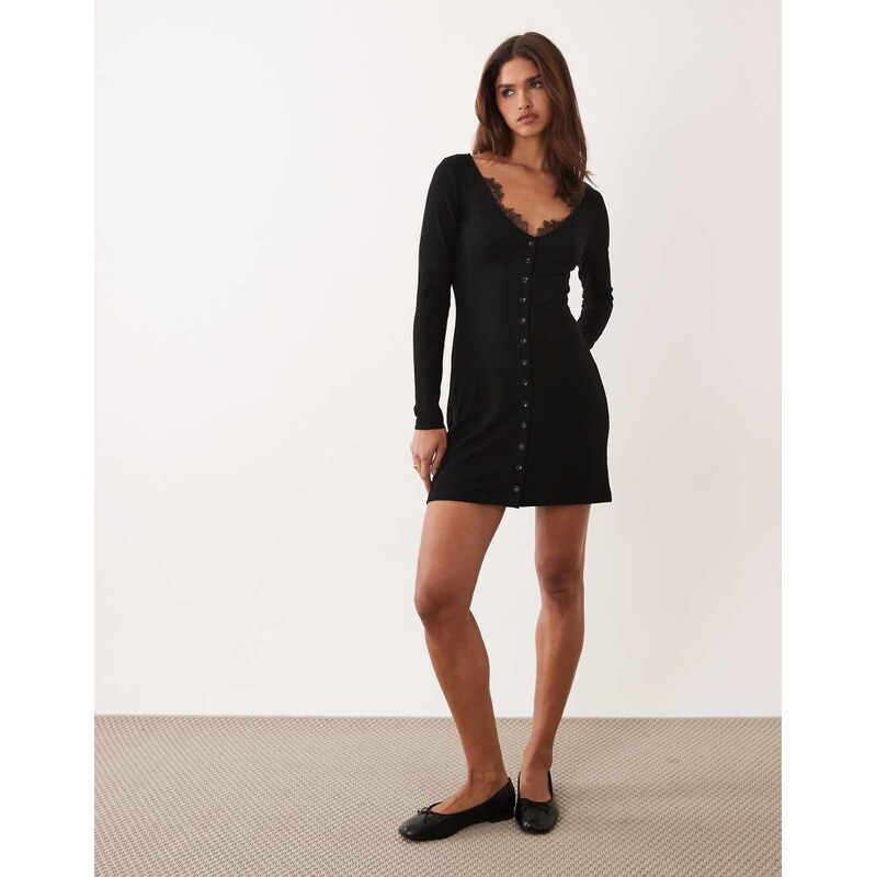 ASOS DESIGN lace trim ribbed v neck cardigan mini dress in