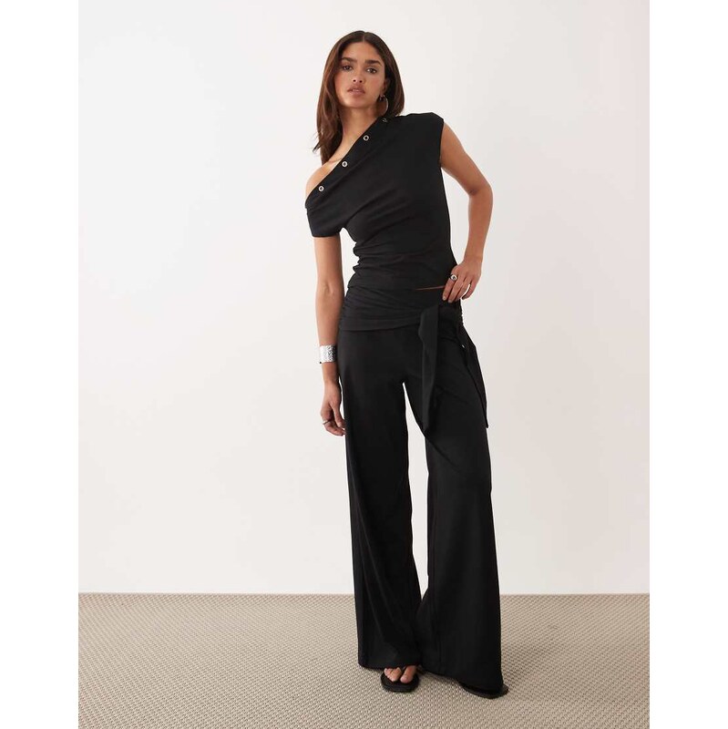 ASOS DESIGN co-ord tie waist detail wide leg trouser in black