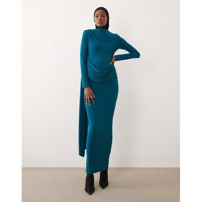 ASOS DESIGN long sleeve slinky draped maxi dress in teal - MBLUE