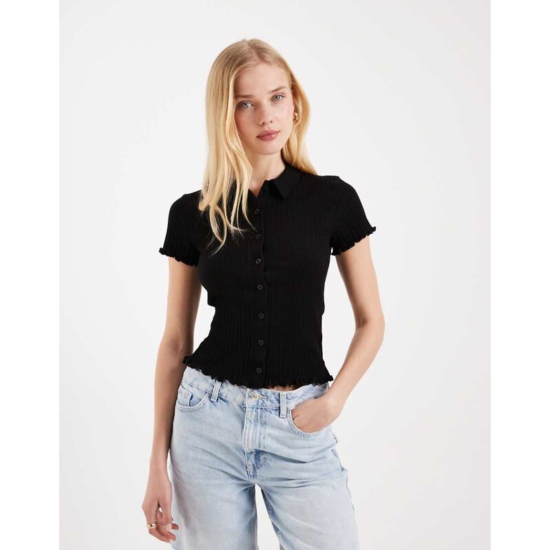 Miss Selfridge fitted shirt with lettuce edge in black 113681544
