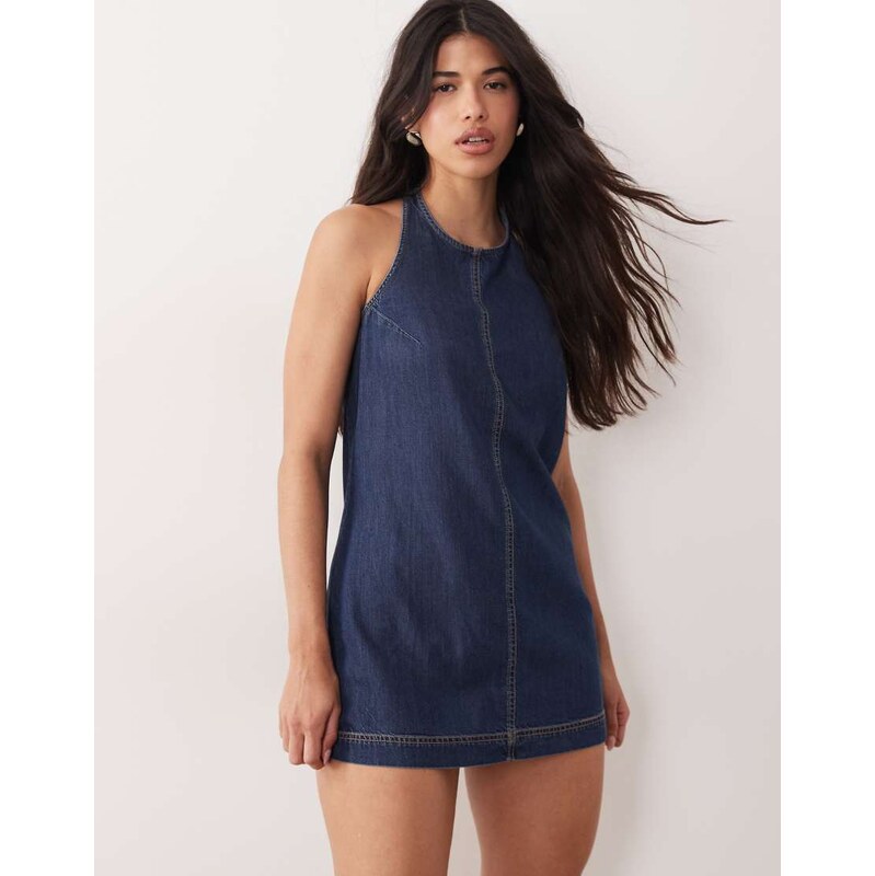 Good American halter neck mini denim dress in dark blue wash-Navy 113880389