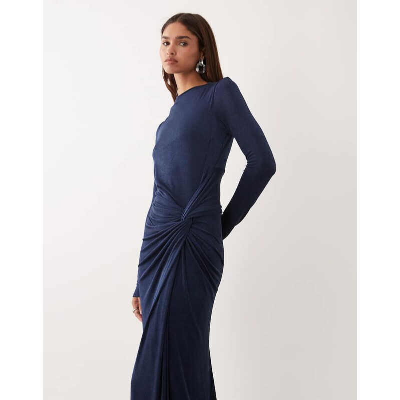 Daska stretch long sleeve high neck twist detail maxi dress in navy 115521248