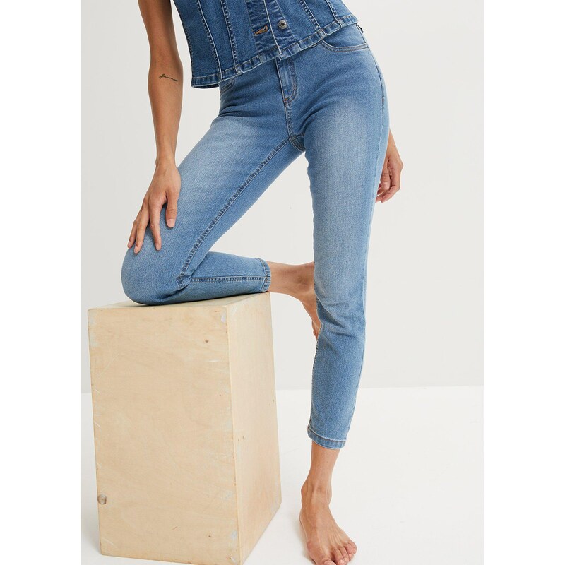 bonprix Cropped džíny Slim Fit Mid Waist modrá Žena