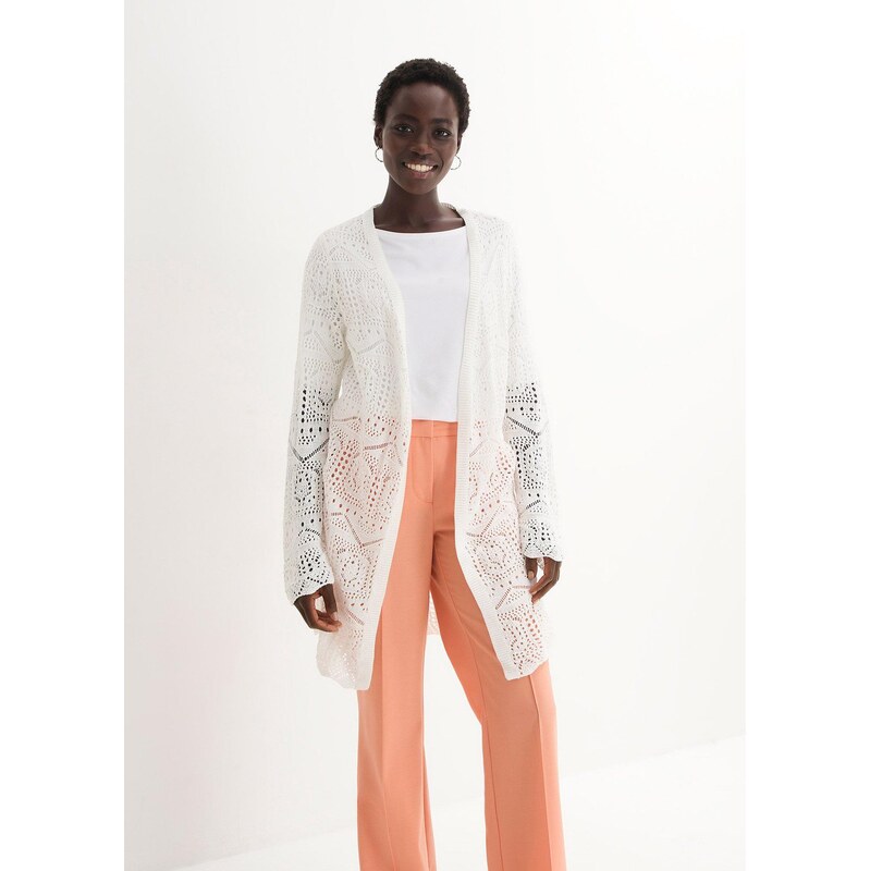 bonprix Dlouhý ažurový svetřík béžová Žena 68631640