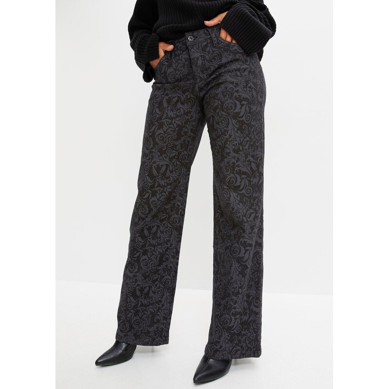 bonprix Džíny s lesklým vzorem Wide Leg Mid Waist černá Žena 18054321