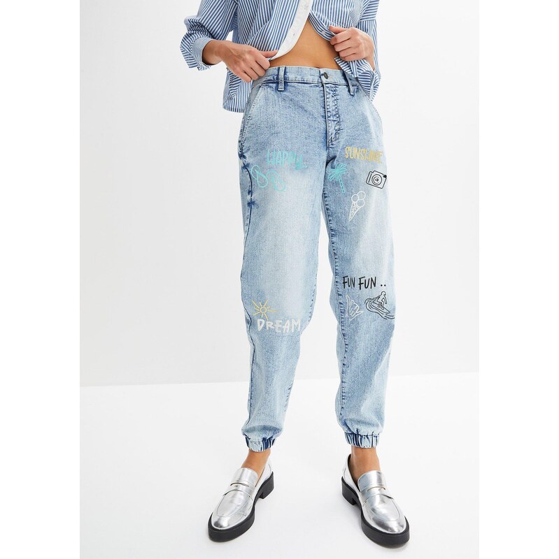 bonprix Džíny Barrel, Mid Waist, pohodlný pas modrá Žena