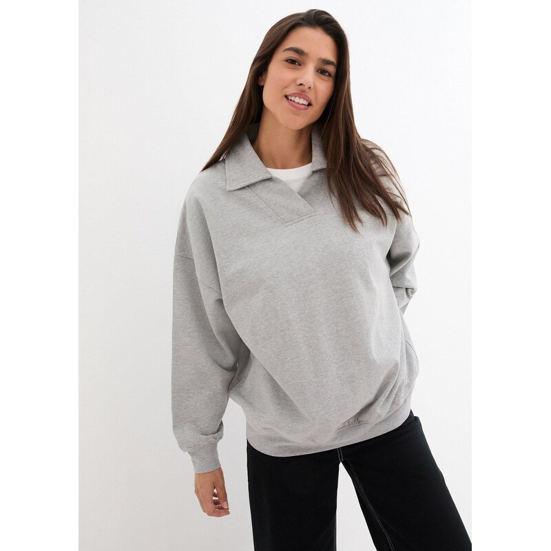 bonprix Oversize mikina s výstřihem do V a límcem polo šedá Žena 99699575