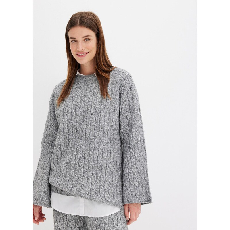bonprix Oversize svetr s copánkovým vzorem šedá Žena 100672739