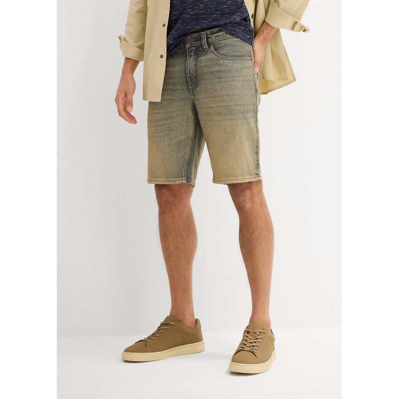 bonprix Strečové džínové bermudy Dirty Washed, Regular Fit modrá