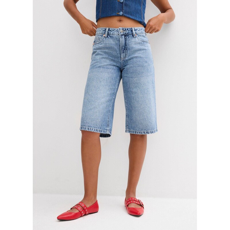 bonprix Džínové bermudy Mid Waist, Low Stretch modrá Žena