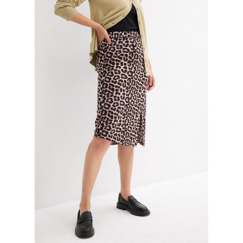 bonprix Sukně s leopardím potiskem a rozparkem béžová Žena 106840754