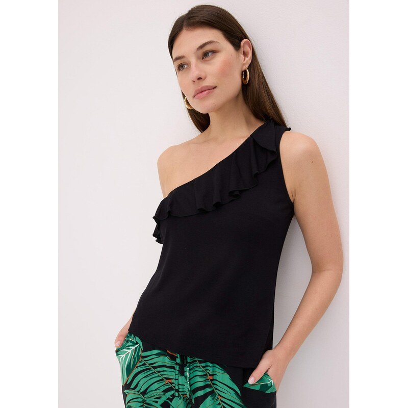 bonprix Top na jedno rameno, s volánem, z měkké viskózové směsi černá 35306847