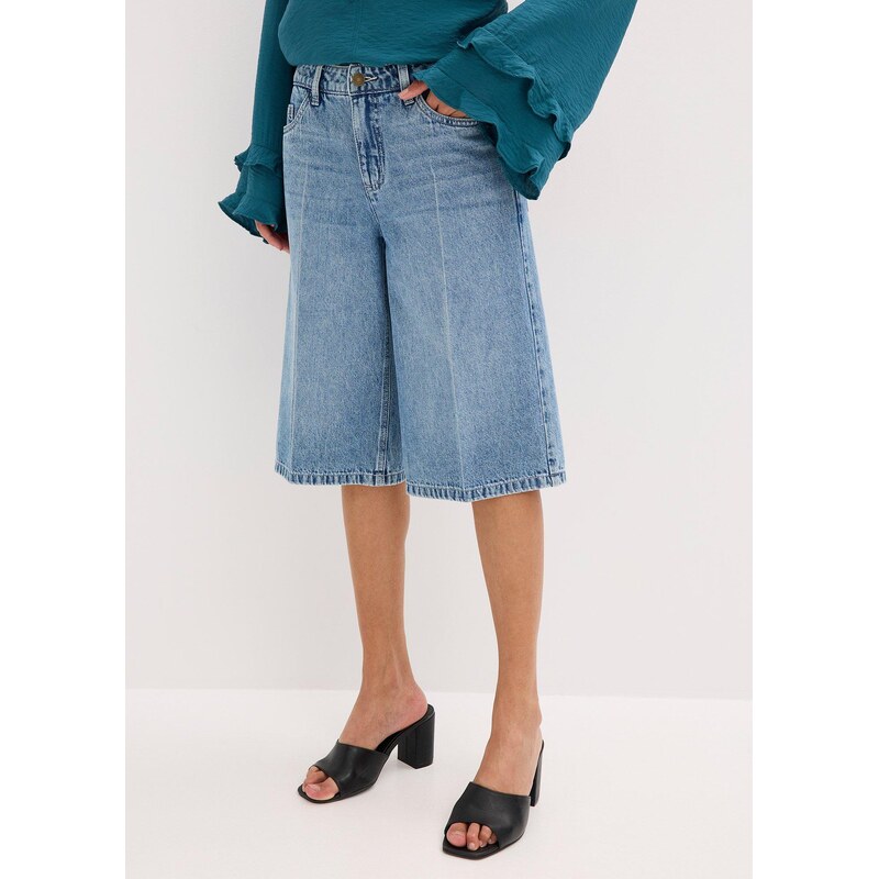 bonprix Džínové bermudy Mid Waist, Low Stretch modrá Žena