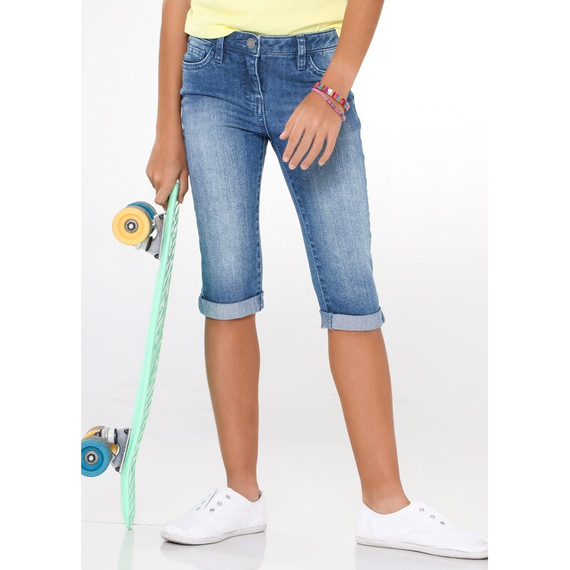 bonprix Capri džíny Mid Waist, s nastavitelným pasem modrá Dívky