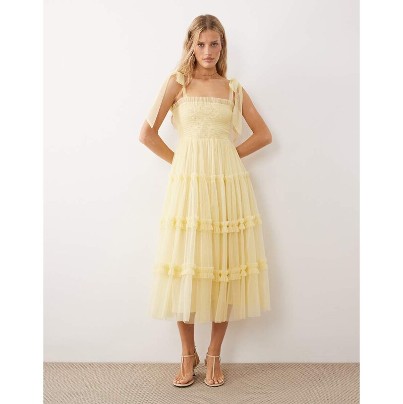 Lace & Beads Bridesmaid bow shoulder tulle midi dress in lemon