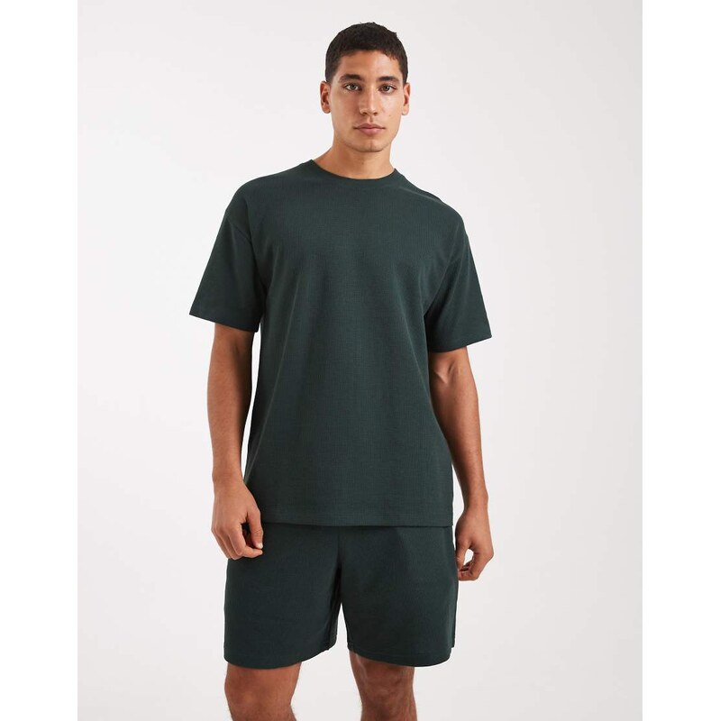 New Look waffle oversized t-shirt co-ord in dark green