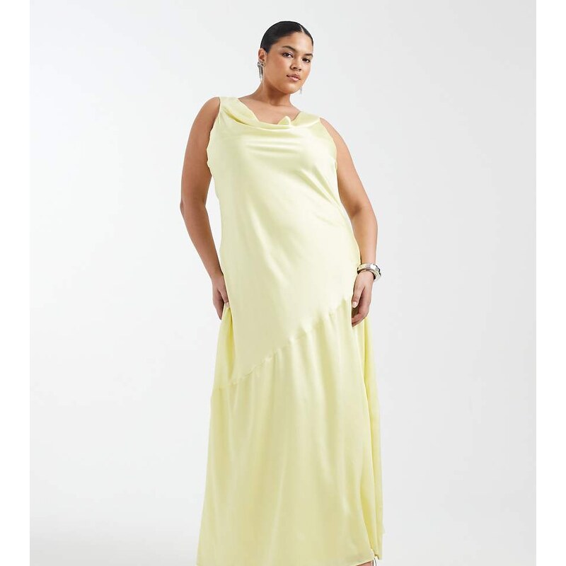 TFNC Plus Bridesmaid satin cowl front and back maxi dress in
