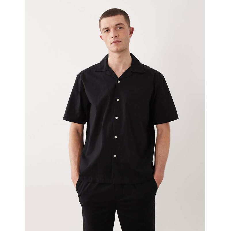 ONLY & SONS linen look revere collar shirt co-ord in black