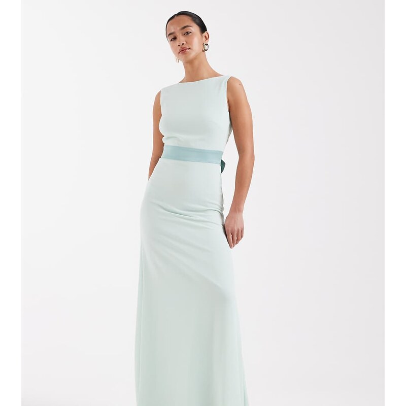 TFNC Petite Bridesmaids chiffon maxi dress with satin bow in aqua 115456573