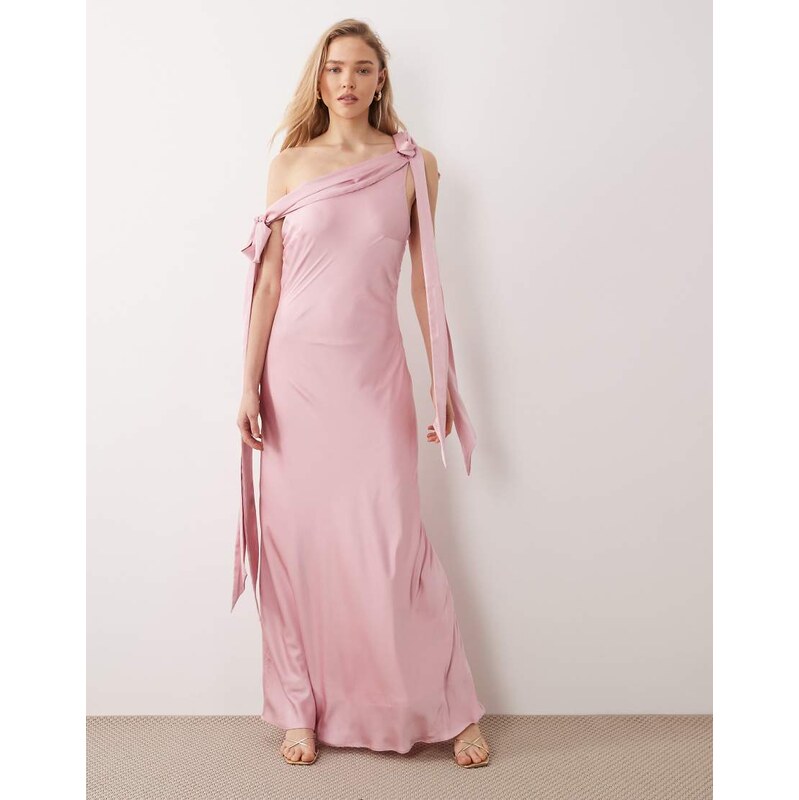 TFNC Bridesmaids fallen shoulder satin maxi dress in pink 114966220