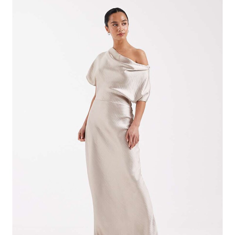 TFNC Petite Bridesmaids off shoulder satin maxi dress in soft