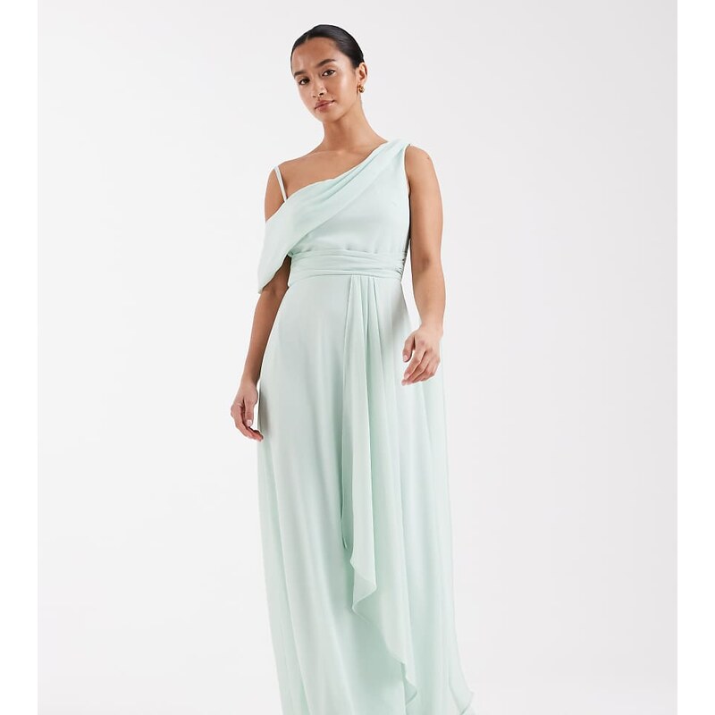 TFNC Petite Bridesmaid chiffon fallen shoulder maxi dress in aqua 115520415