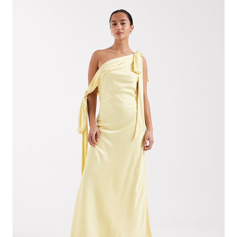 TFNC Petite Bridesmaids fallen shoulder satin maxi dress in yellow 115505216