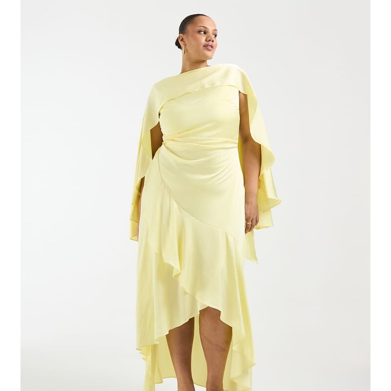 TFNC Plus Bridesmaids cape detail satin bodice maxi dress in