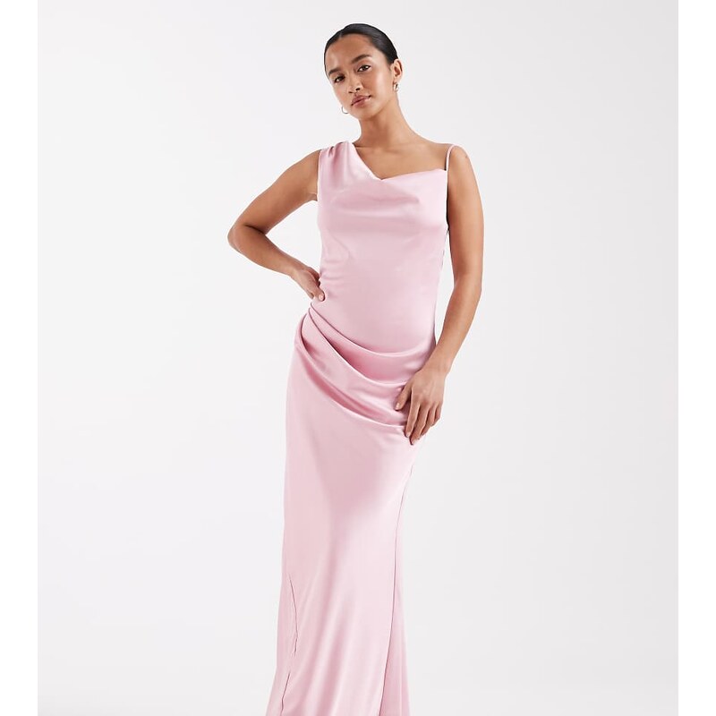 TFNC Petite Bridesmaids satin one shoulder maxi dress in pink