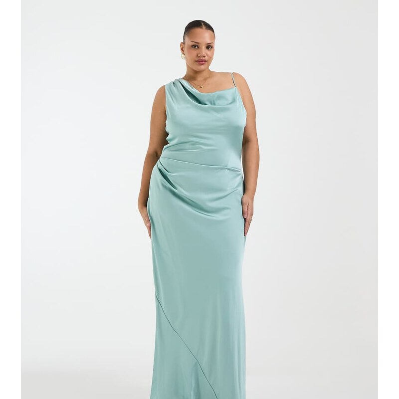 TFNC Plus Bridesmaids satin one shoulder maxi dress in aqua