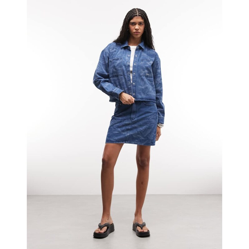 Obey trinity wrinkle denim skirt co-ord in mid wash blue