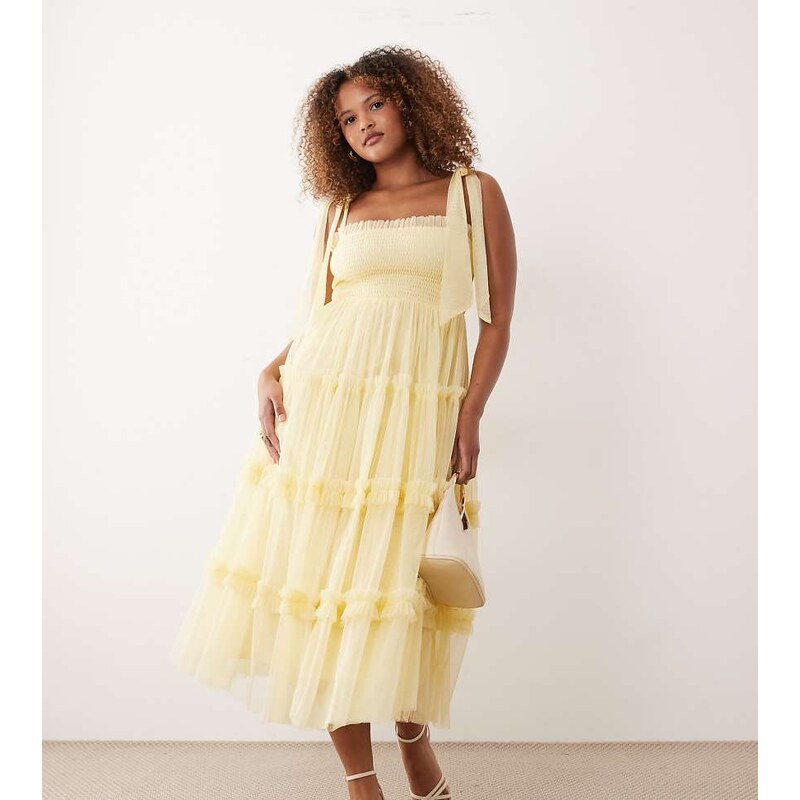 Lace & Beads Plus Bridesmaid bow shoulder tulle midi dress in lemon 115521145