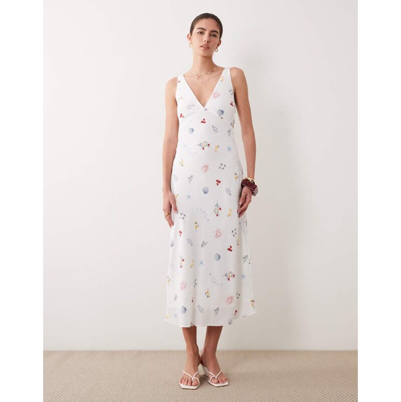 Abercrombie & Fitch v neck midi slip dress in summer print-White
