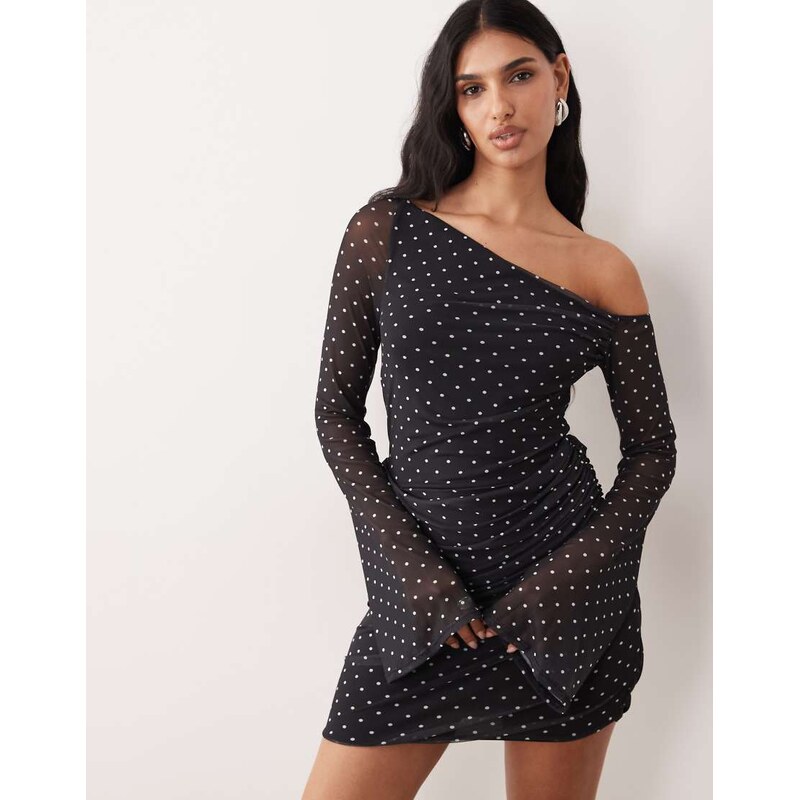 ASOS DESIGN printed mesh off shoulder mini dress with angel