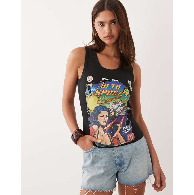 ASOS DESIGN ribbed tank top with star girl graphic in black