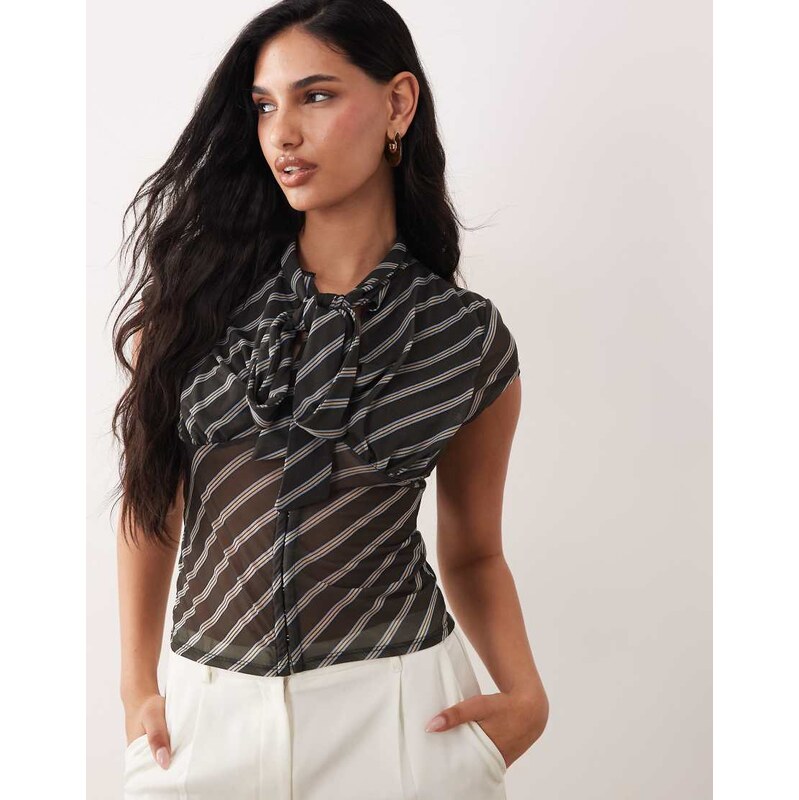ASOS DESIGN cap sleeve sheer shirt with neck tie detail in