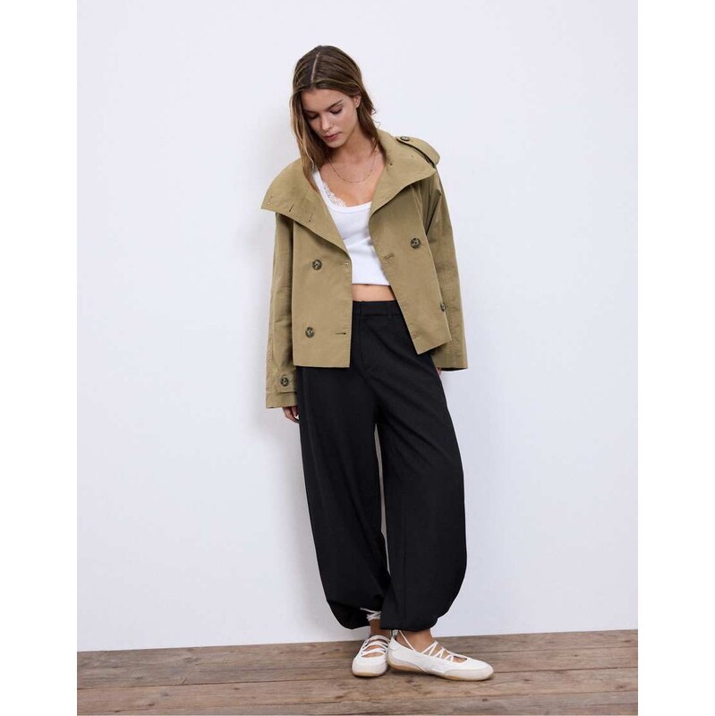 Stradivarius High neck trench coat with belt in olive green
