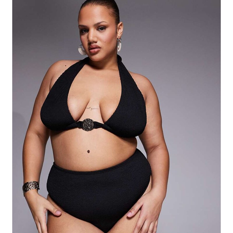 South Beach Curve crinkle halterneck bikini top in black