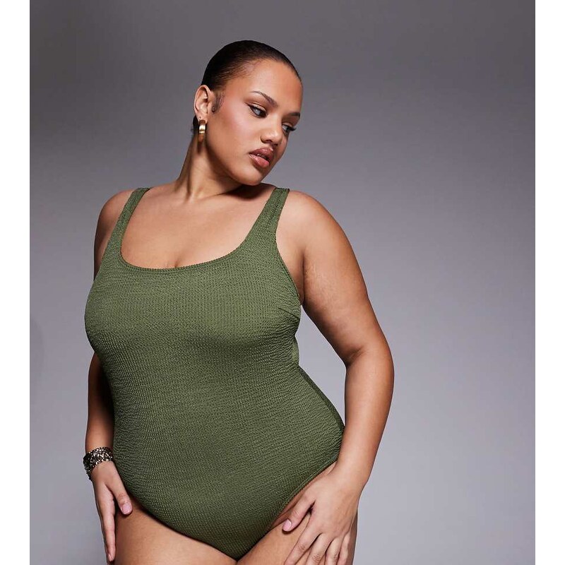 South Beach Curve crinkle swimsuit in khaki-Green