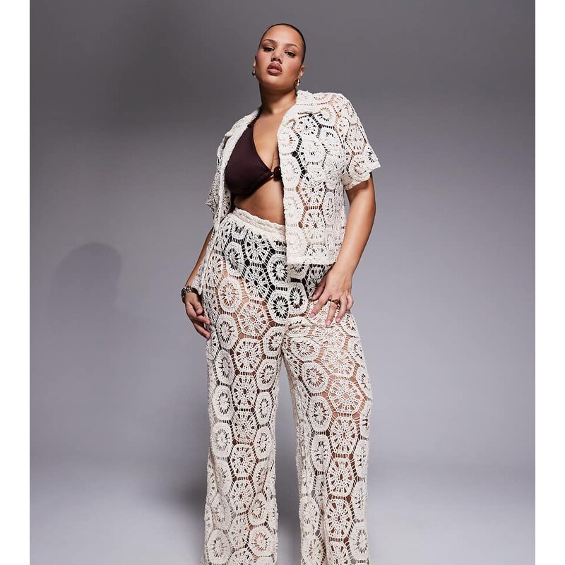 South Beach Curve wide leg crochet trouser in cream-White