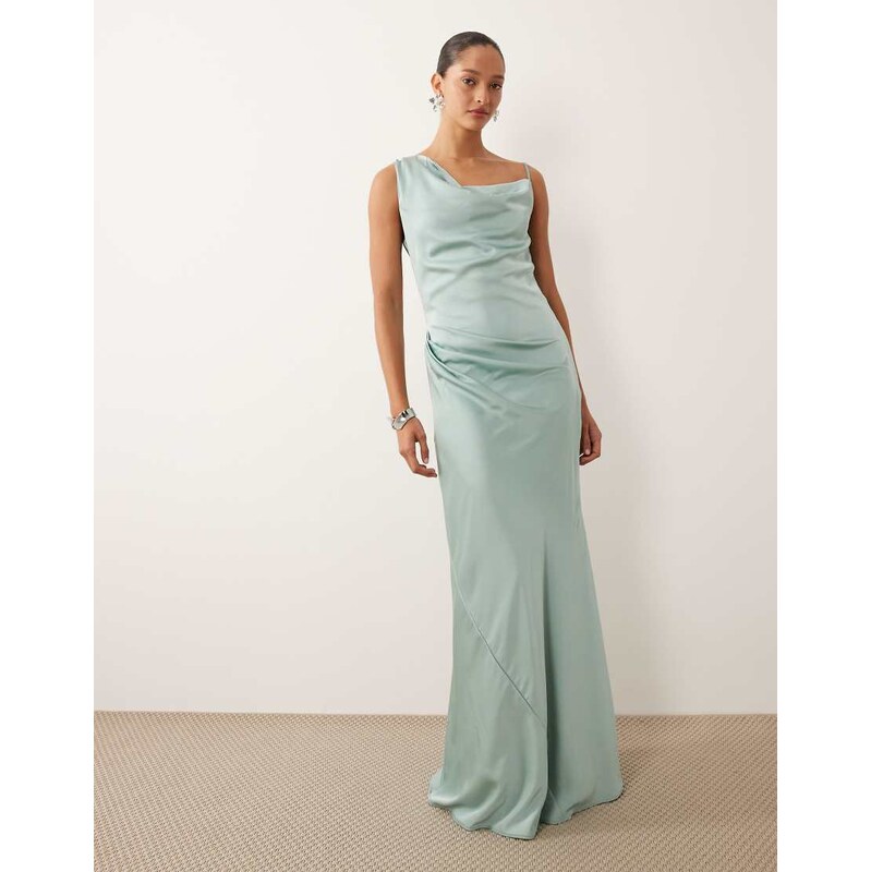 TFNC Bridesmaids satin one shoulder maxi dress in aqua-Green 113664190