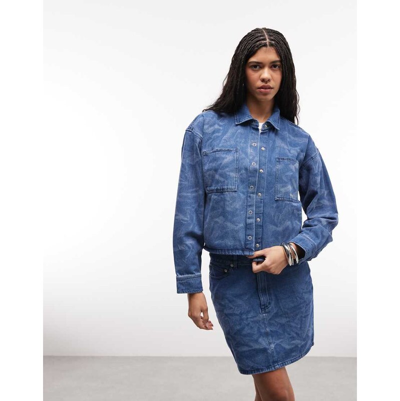 Obey trinity wrinkle denim shirt co-ord in mid wash blue 113664215